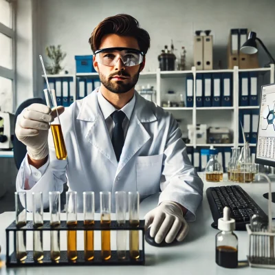 DALL·E 2024-07-30 12.28.14 - An engineer in a laboratory, analyzing used oil samples. The engineer is wearing a white lab coat, safety goggles, and gloves, and is seated in front