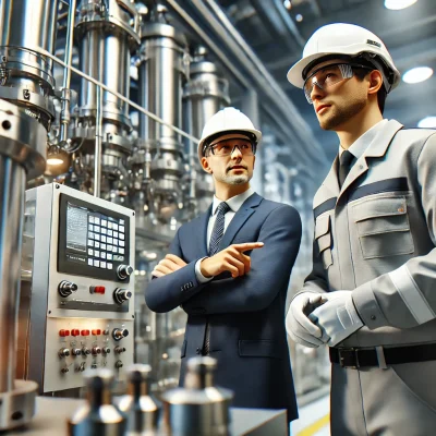 DALL·E 2024-07-31 10.45.45 - A highly realistic industrial environment with advanced equipment in operation. One engineer, dressed in work clothes (helmet, safety glasses, uniform