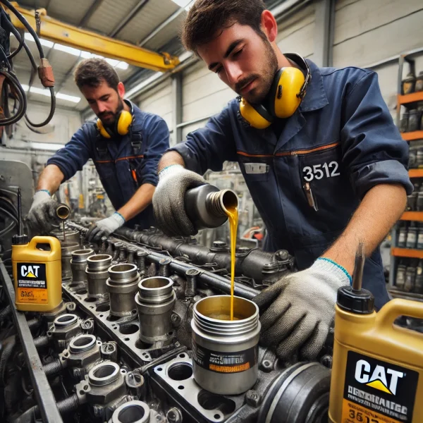 DALL·E 2024-07-31 11.33.34 - Dos técnicos trabajando en la dispensación de lubricantes en un motor Caterpillar de la serie 3512. Tienen a la mano aceites y herramientas especiales